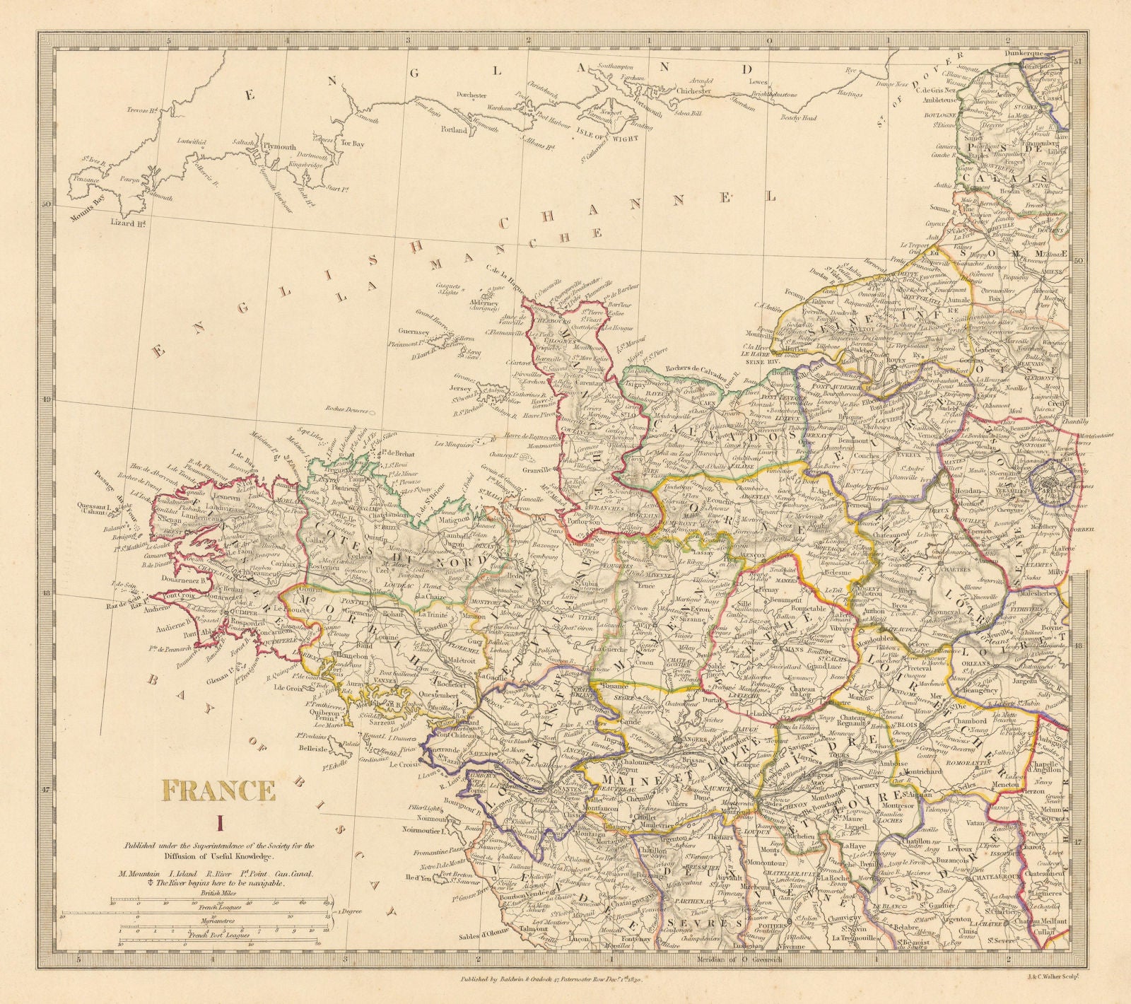 FRANCE NORTH WEST. Bretagne Normandie Loire Centre.Hand coloured.SDUK 1844 map